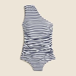 J. Crew Long Torso Ruched one-shoulder Swim Navy and White 2